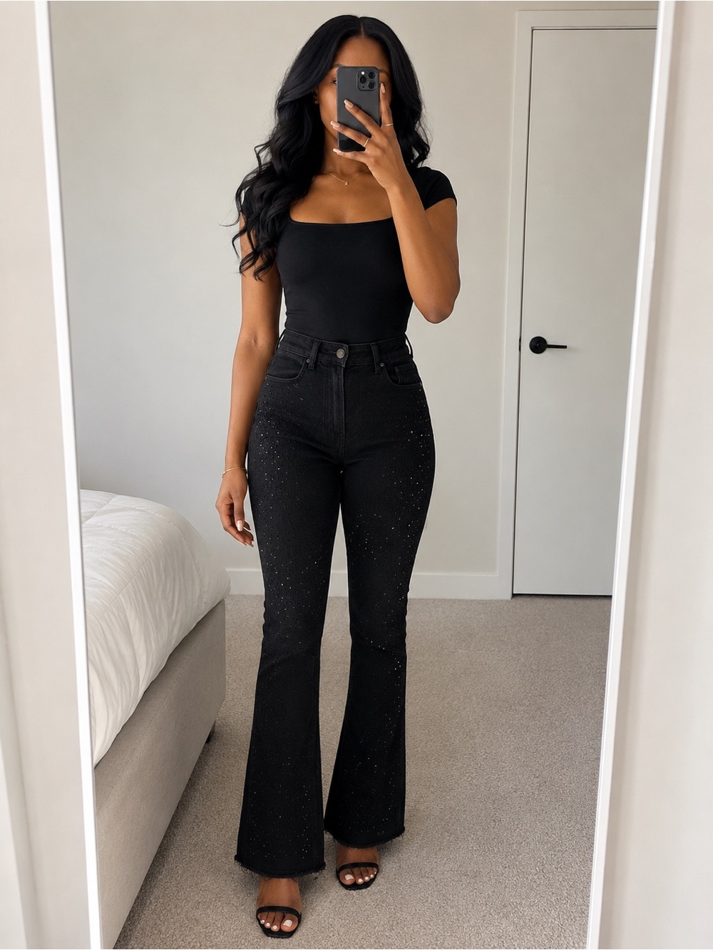 Black Square Neck Bodysuit & Sparkle Flare Jeans Set